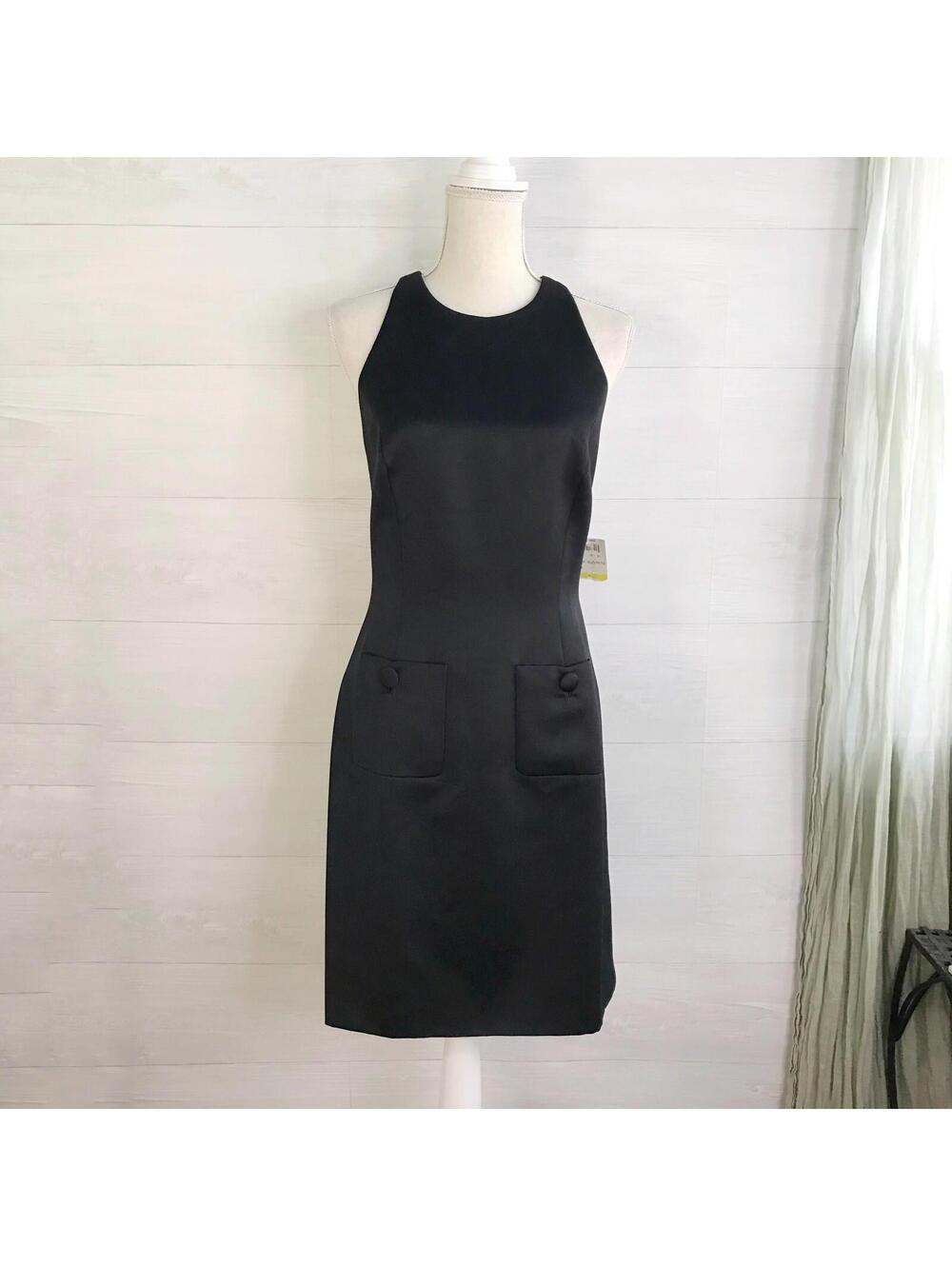 NWT Oleg Cassini Black Tie - Black satin strappy back sheath dress, sz 6